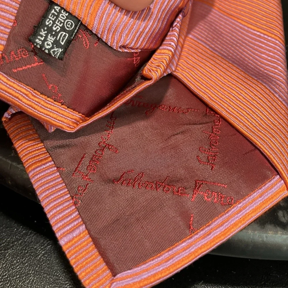 Salvatore Ferragamo Italy 100% Silk Diagonal Stripe Neck Tie Orange Pink Purple